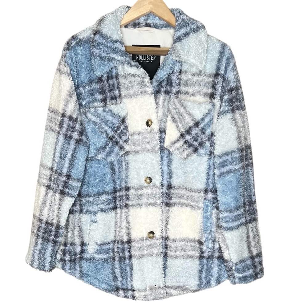 Hollister Blue Plaid Sherpa Shacket Oversized Shirt Jacket Size L Cozy Cabincore